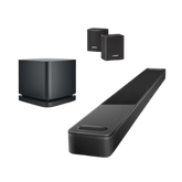 מגוון מוצרי חבילת סראונד עוצמתית Bose - מקרן קול Bose Smart Ultra Soundbar, סאבוופר אלחוטי Bose Bass Module 500, רמקולי סראונד אלחוטיים Bose